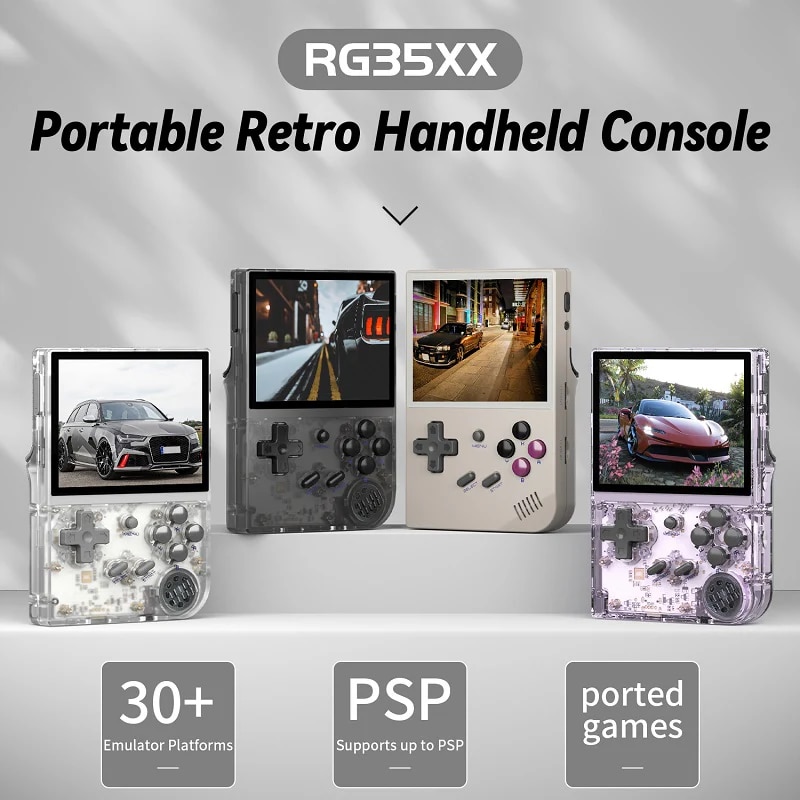 Consola retro ANBERNIC RG35XX 64GB cu jocuri, quad core Cortex-A53 1.5GHz, 1GB LPDDR4, IPS LCD 3.5" 640x480 4:3, acumulator 2600 mAh, mov transparent, portabila