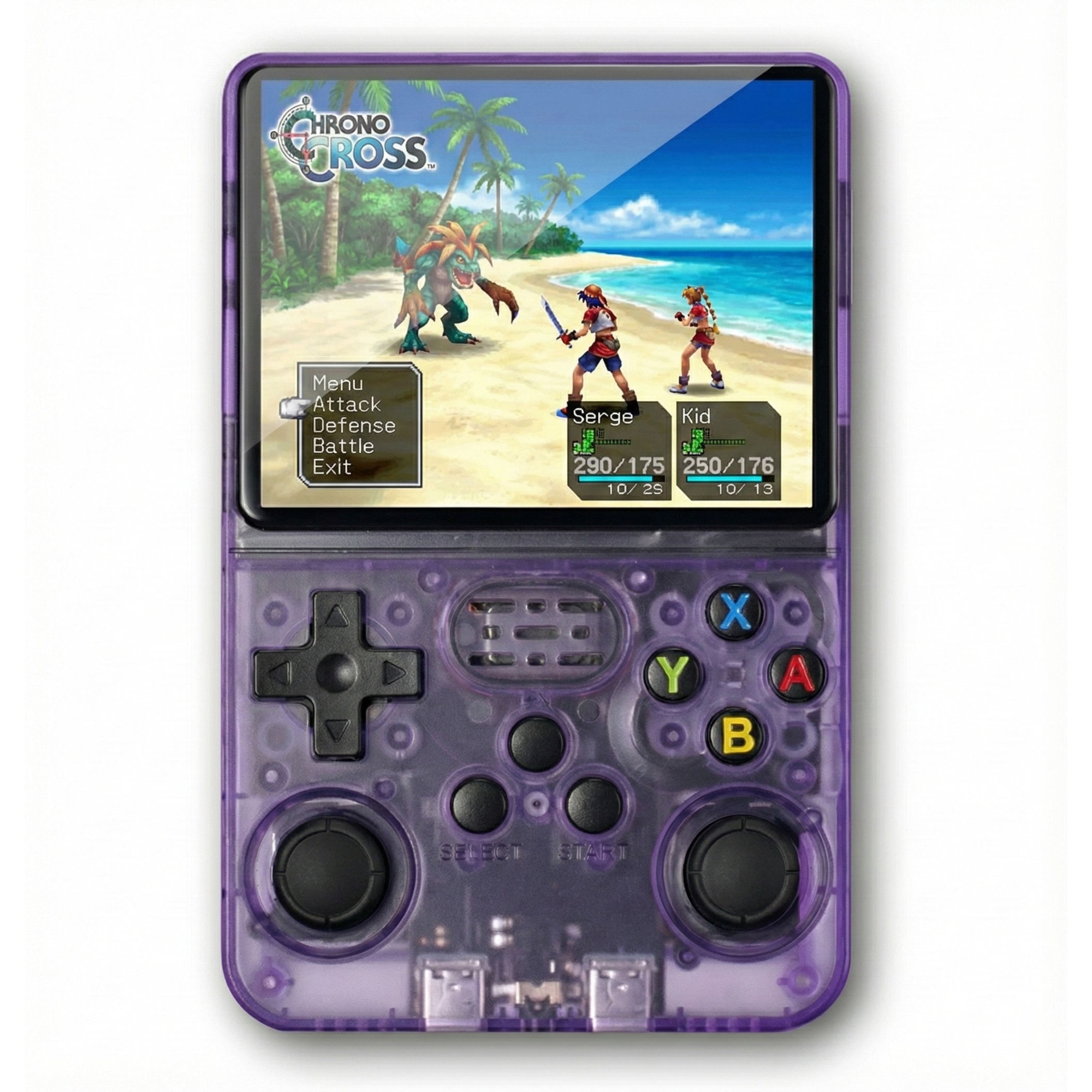 Consola retro portabila R36S 64GB cu jocuri, quad core Cortex-A53 1.5GHz, 1GB DDR3, IPS LCD 3.5" 640x480, 3200 mAh, mov transparent