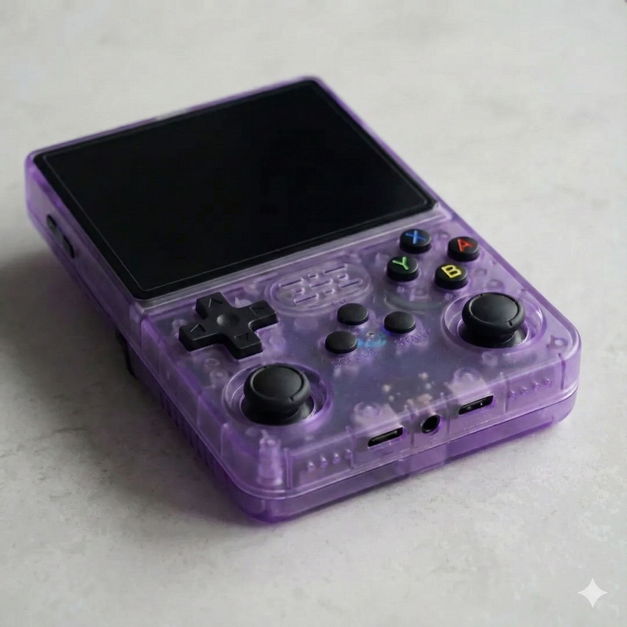 Consola retro portabila R36S 64GB cu jocuri, quad core Cortex-A53 1.5GHz, 1GB DDR3, IPS LCD 3.5" 640x480, 3200 mAh, mov transparent
