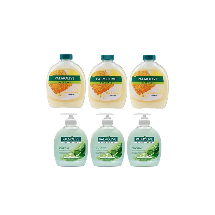 Set 6 X Palmolive Variety, 3 X Spumant Baie 750ml Milk&Honey, 3 X Sapun Lichid Sensitive 300ml, testat dermatologic, prospetime de lunga durata, elimina mirosuri neplacute, delicat pentru scalp, non-toxic, eco-friendly