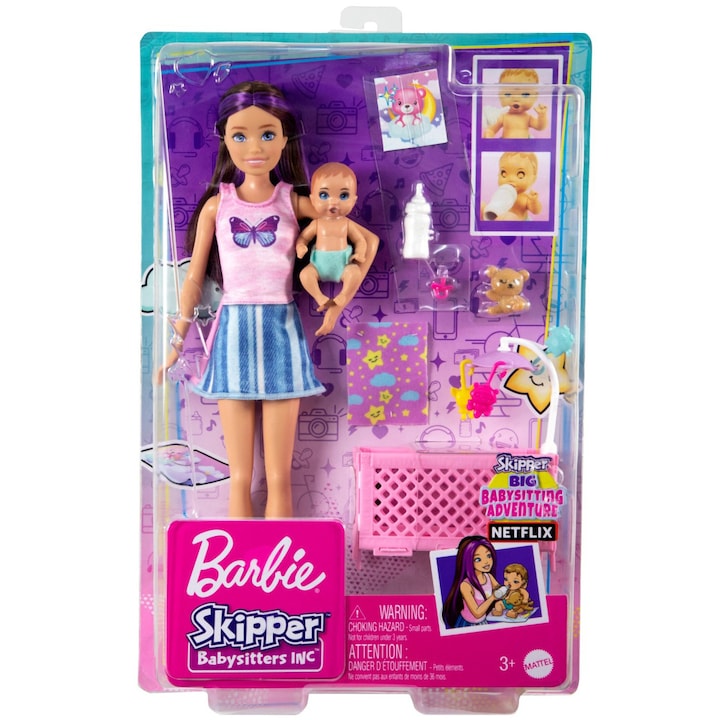 Кукла Barbie Skipper First Jobs - Babysitter, Кафява коса, С бебе