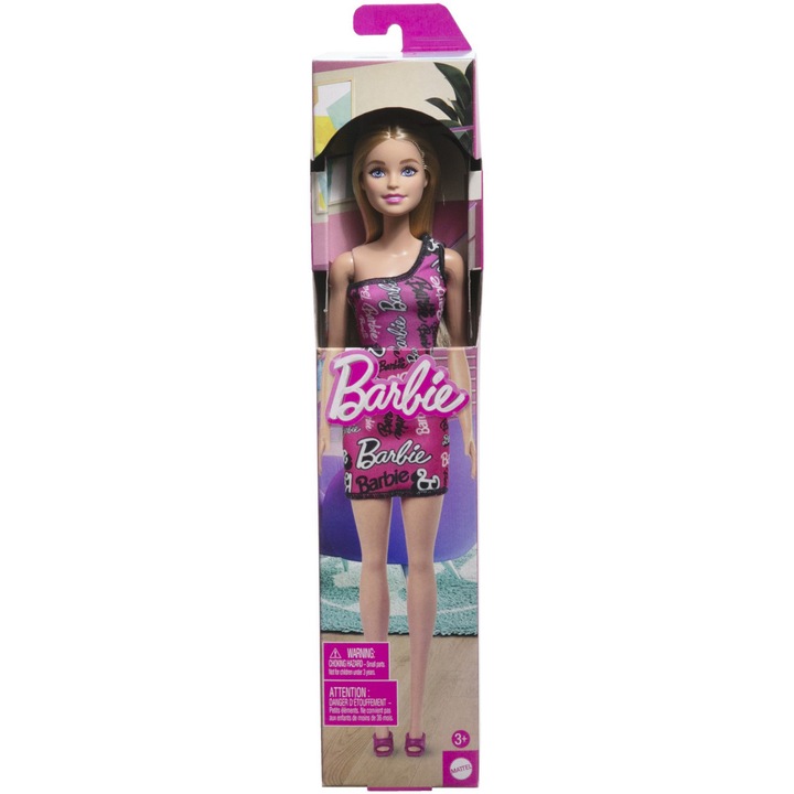 Papusa Barbie Clasica, blonda cu rochita roz cu imprimeu Barbie