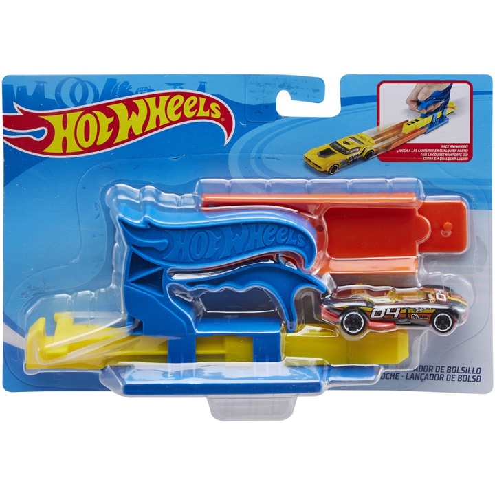 Комплект за игра Hot Wheels - Синя преносима изстрелвачка и количка