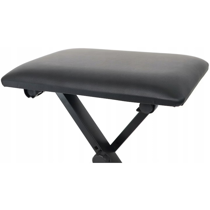 Scaun pentru pian, din metal si plastic, pliabil, inaltime reglabila, sezut din imitatie piele, negru