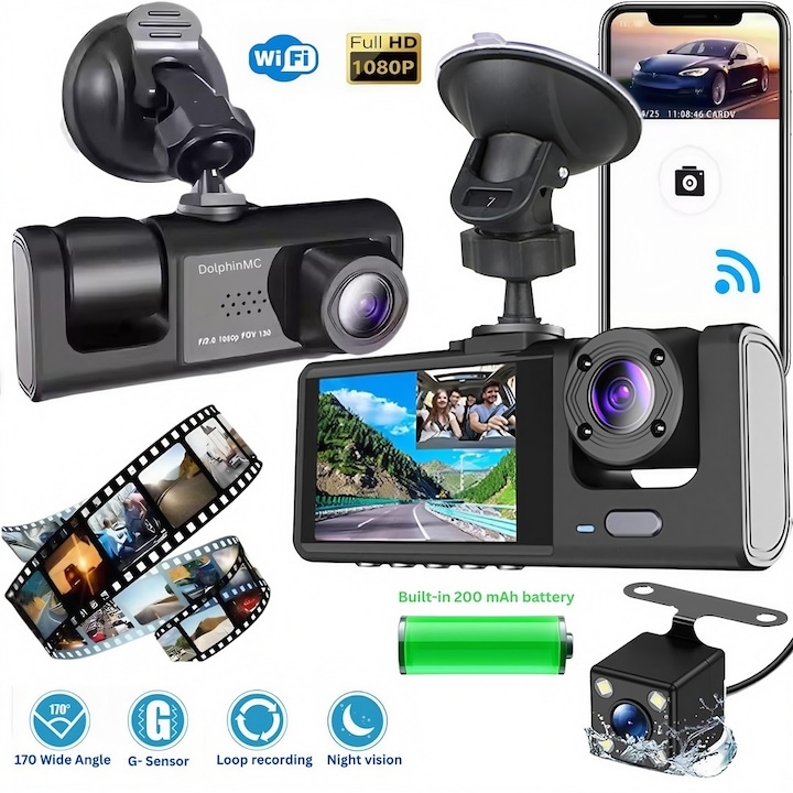 Автомобилна камера DVR от DolphinMC, Dash Cam видео 1920 1080P 1944P, Нощно виждане, Wi-Fi, G-сензор, зрителен ъгъл 170, 140, 140 Full HD, аудио запис, вградена батерия 200mAh