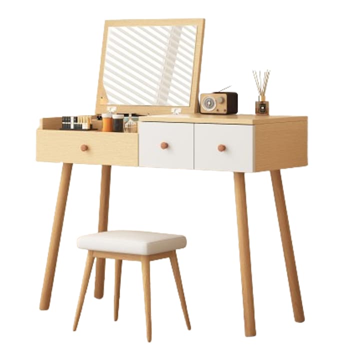 Гримьорна маса, многофункционална, с голямо огледало, LED осветление, дървена (без седалка)