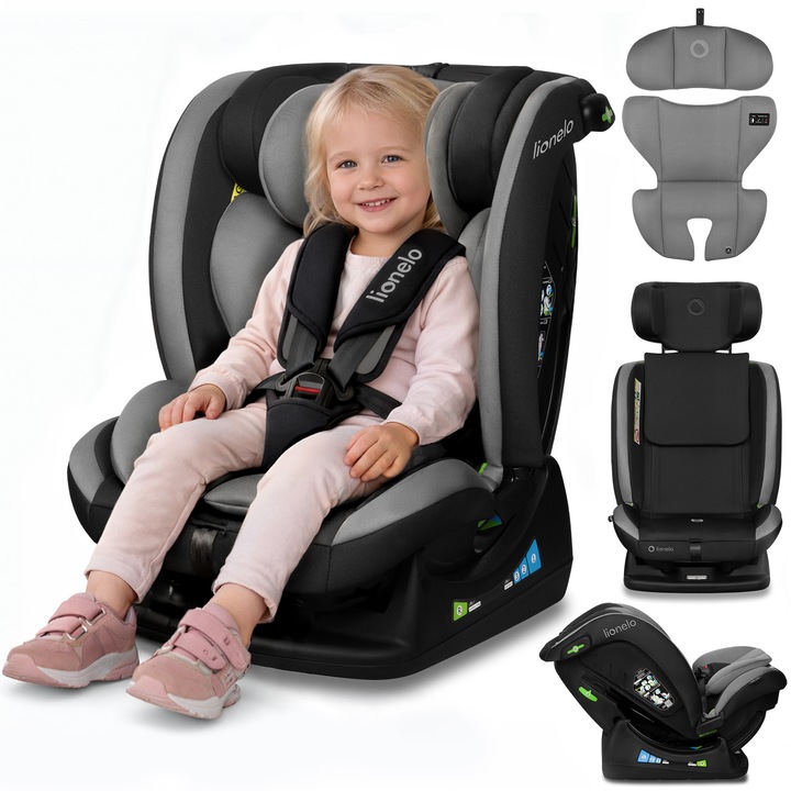 Scaun auto, Lionelo, Aart i-Size, Cu spatar inclinabil in 4 pozitii, Cu tetiera reglabila in 13 pozitii, 0-36 Kg, 40-150 cm, Cu centura siguranta in 3 puncte, Conform cu ECE R129/03, Gri