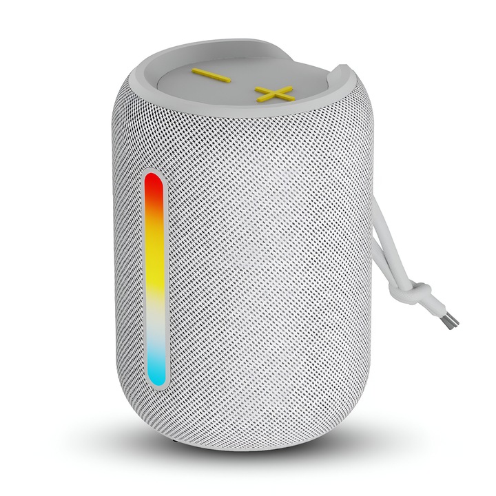 ROTTER® hordozható hangszóró, Bluetooth 5.4, könnyen szállítható, vízálló IPX6, 12 óra üzemidő, vezeték nélküli, kiegyensúlyozott mélyhang, dupla hangszóró, TWS, 360°-os hangzás, HD hang, FM rádió, RGB világítás, USB-C, TF kártya, kompakt, fehér