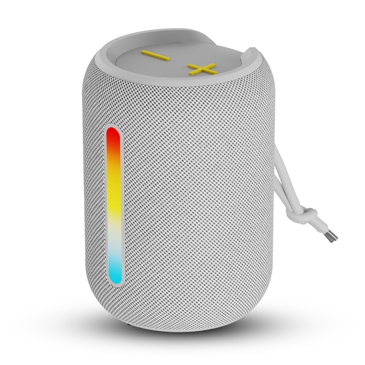 Преносима тонколона ROTTER, Bluetooth 5.4, IPX6 водоустойчивост, Прахоустойчива, Безжична, 12 часа автономност, USB-C, 10 W Super Bass HD, Радио, Персонализирани RGB светлини, Универсална съвместимост, Бял