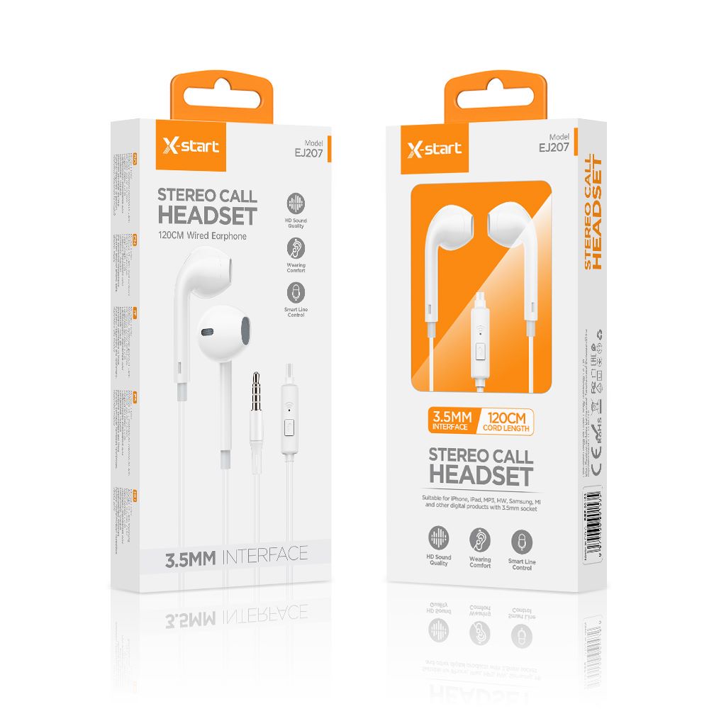 Casti cu microfon X-Start Daden EJ207, Control pe fir, Cablu 120 cm, Conector jack 3.5mm, Alb