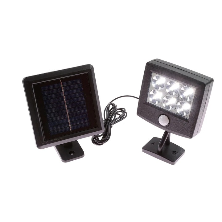 Proiector solar cu LED, 0.5W, 200lm, lumina rece, cu senzor de miscare, negru, IP44, exterior