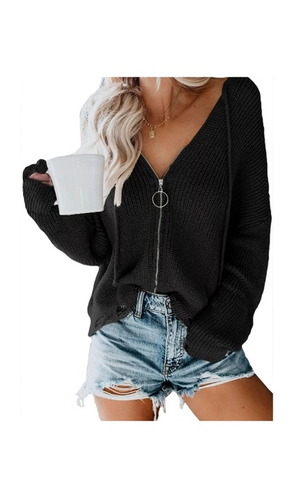 Дамска жилетка с качулка, V-образно деколте, Dokotoo, размер M, черна