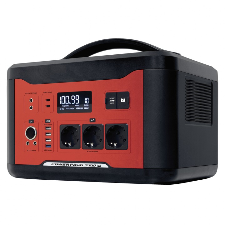 Stație de Alimentare GYS Power Pack 1500, 1000W DC, 2000W vârf, 12V, portabilă, cu maner, LED, afișaj LCD