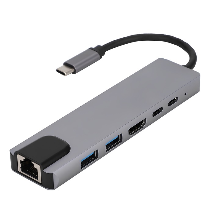 Hub адаптер Multiport 6 в 1 SpectrumPoint, USB-C 3.1, 4K HDMI изход, LAN RJ45 Ethernet (100 MB / S), 2 x USB 3.0, порт за захранване 87 W, докинг станция pentru лаптоп, MacBook Air / Pro, Chromebook, Tableta, Gri