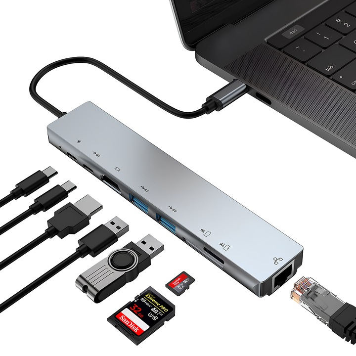 Hub Adaptor Multiport 8 in 1 SpectrumPoint®, USB-C 3.1, 4K HDMI Output, LAN RJ45 Ethernet (100 MB/S), 2 x USB 3.0, Power Delivery Port 87 W, TF si SD Card Reader, Docking Station pentru Laptop, MacBook Air/Pro, Chromebook, Tableta, Gri