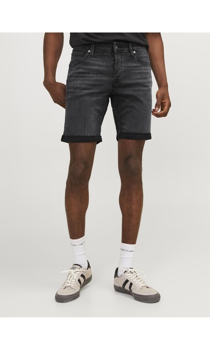 Férfi rövid farmernadrág, JACK & JONES, 7593, vékony szabású, pamut, Koptatott fekete