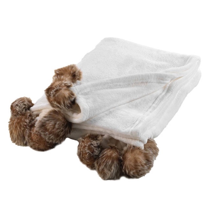 Patura de blana moale SNOWY cu pompoane, 125 x 150 cm - cremos