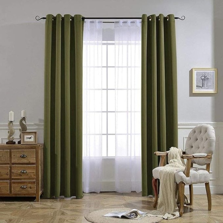 Set 2 draperii blackout, verde inchis, lucrate pe inele tip capse, 2x150x270 cm