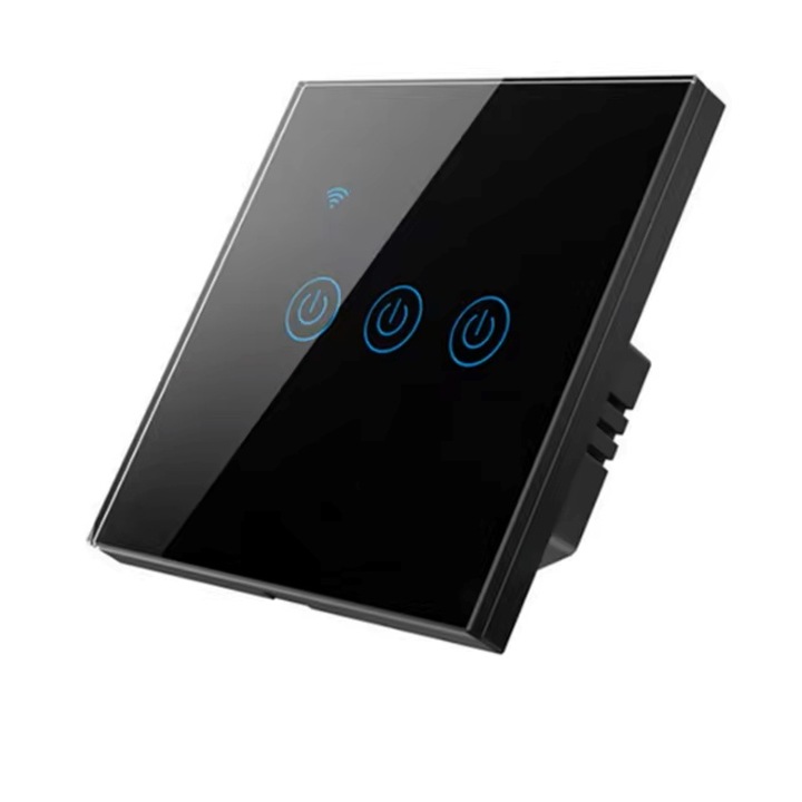 Ключ Smart Switch, Wi-Fi, 10A, 3 канала, Secure glass, Tuya, Smart Life, Съвместим с Amazon Alexa/Google Assistant, Черен