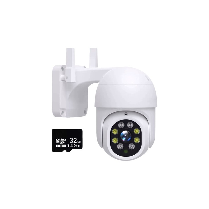 Camera de supraveghere WIFI, YOOSEE Smart Camera, 5MP, exterior/interior, HD 1080P, 4X zoom, rotire, alerta, NIGHT VISION, leduri lumina, detectare umana, comunicare bidirectionala, stocare card 32GB inclus, cloud, senzor miscare, rezistenta la apa, Alb