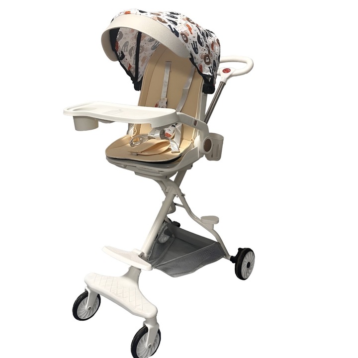 Детска количка Flippy 3в1, 6-36 месеца, двустранна, сгъваема, табла за маса, позиция за сън, предпазен колан, 360 колела, поставка за чаша, сенник за слънце, 32x63x95 см, модел Jungle Cream