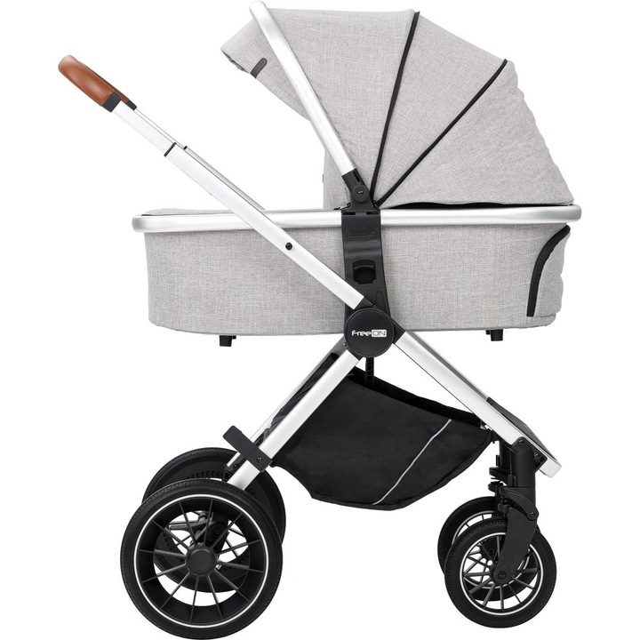 Количка 3 в 1, FreeON, Joy, Реверсивна, С алуминиева рамка, Корпус за кола, Покривало за крачета, Чанта за майка и аксесоари, Съответства на EN1888-1:2018+A1:2022, Сива