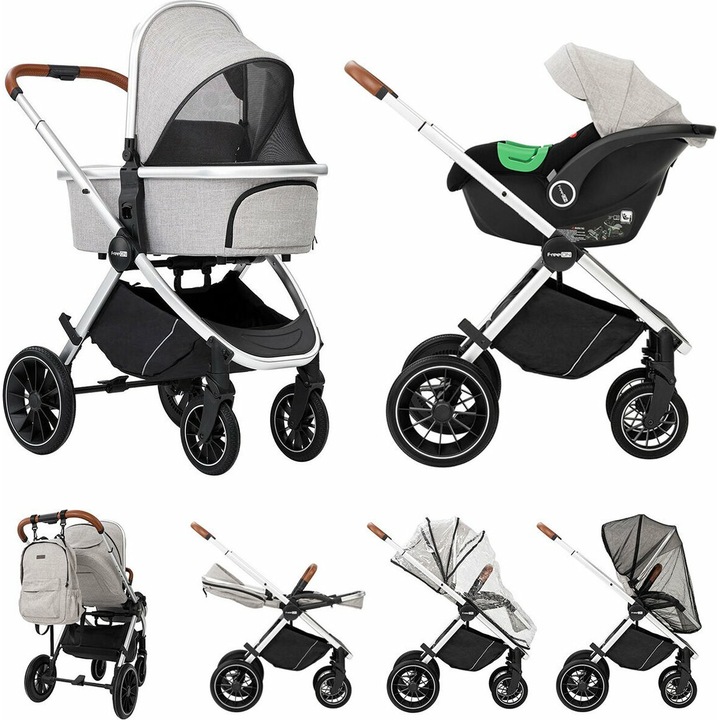 Carucior 3 in 1, FreeON, Joy, Reversibil, Cu cadru din aluminiu, Scoica auto, Husa picioare, Geanta mamici si accesorii, Conform cu EN1888-1:2018+A1:2022, Gri