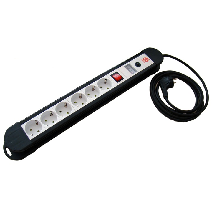 Prelungitor cu protectie la suprasarcina 6 Prize 5M Cablu 3X1, 5, indicator tensiune(voltmetru), buton reset, buton on/off