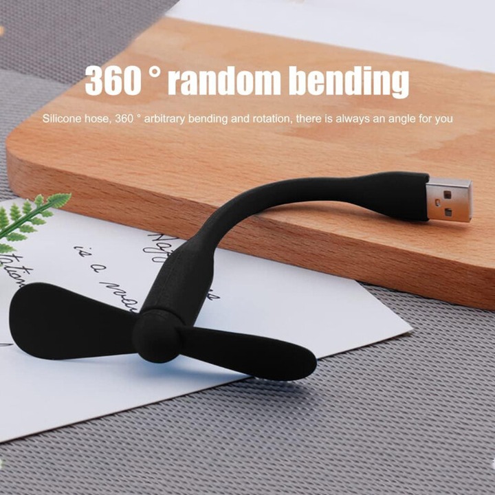 Mini ventilator portabil pentru laptop, conector USB A, 5W, 2W, 28dB, 145x89.3x15mm, silicon, Negru