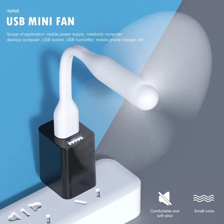 Mini ventilator portabil pentru laptop, conector USB A, 5W, 2W, 28dB, 145x89.3x15mm, silicon, Alb