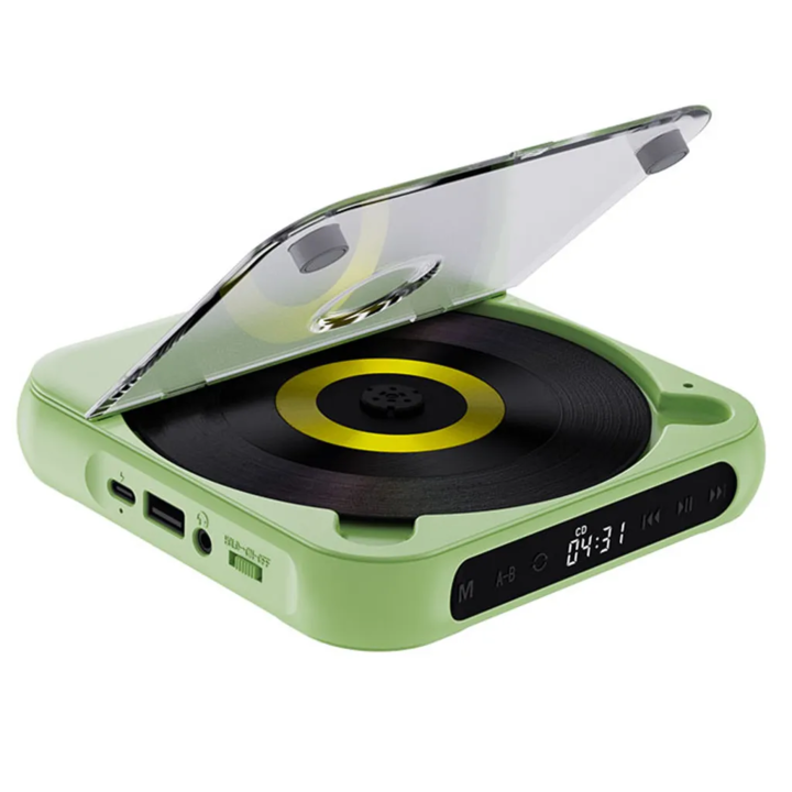 Bluetooth CD плейър, Тънък и лек, Многофункционален, 1200 mah батерия, Дълъг живот, Дизайн на капака против прах, Светлозелен цвят