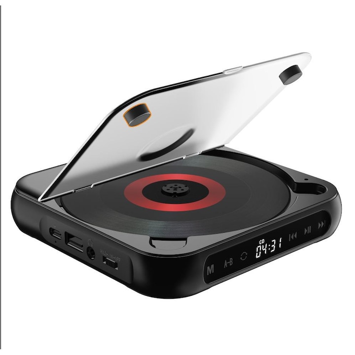 Bluetooth CD lejátszó, multifunkcionális kialakítás, vékony és kényelmes, USB töltés, 1200mah akkumulátor, hosszú akkumulátor élettartam, fekete