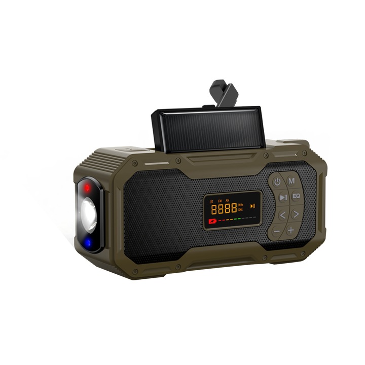 Radio portabil multifunctional AM-FM, ZEEVOS, cu incarcare solara si manuala, baterie litiu 5000 mah, waterproof, dustproof, boxa bluetooth, lampa, lanterna, afisare led, digital, functie SOS, ideal pentru drumetii, camping, pescuit sau iesiri in natura