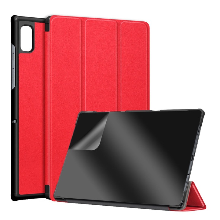 Комплект калъфи за таблет Xiaomi Pad 6 от PU кожа и прозрачно силиконово фолио, пълна 360 защита, регенерируем хидрогел, лепило по цялата повърхност, кадифена вътрешност, функция на стойка, защитен дисплей, ъгли против удар, червен