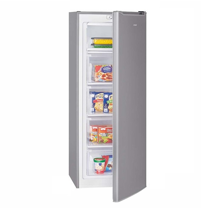 Congelator Bomann, GS7340IX, H142.6 cm, volum 168 litri, consum redus, congelare 4 stele, temperatura ajustabila, 4 compartimente, tava cuburi gheata, usa reversibila, dezghtare manuala, picioare ajustabile, roti, inox