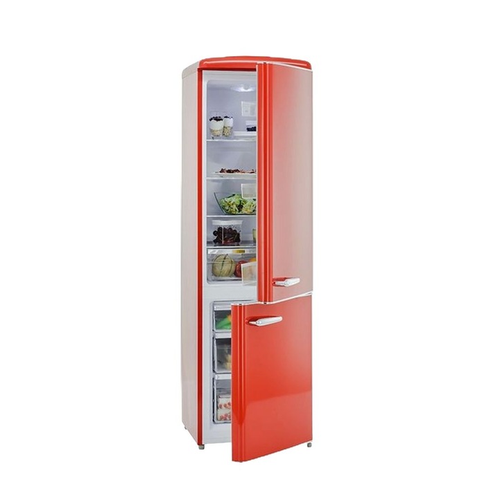 Combina frigorifica Retro Exquisit, H 183 cm, capacitate totala 244 litri, congelator 4 stele, compartiment fructe/legume, 3 rafturi din sticla securizata, control continuu de temperatura, iluminat interior LED, manere cromate, rosu
