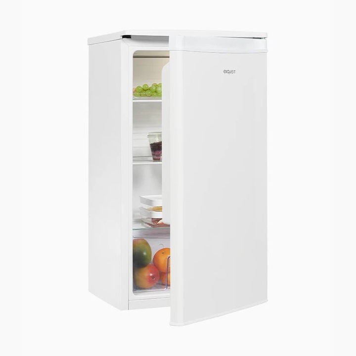 Mini frigider Exquisit, H 84.3 cm, capacitate 75 litri, undercounter, usa reversibila, control temperatura, compartiment pentru legume/fructe, ideal pentru HoReCa/birou/rulota, iluminat interior LED, picioare ajustabile, alb