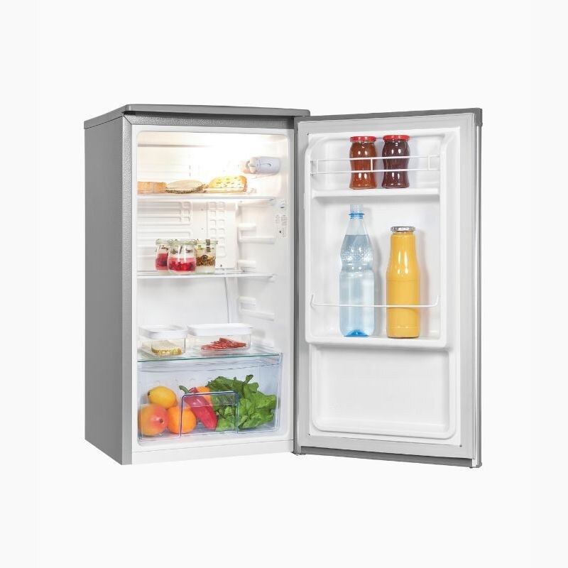 Frigider minibar Exquisit, H 84.3 cm, capacitate 75 litri, undercounter, usa reversibila, control temperatura, compartiment pentru legume/fructe, ideal pentru HoReCa/birou/rulota, iluminat interior LED, picioare ajustabile, inox