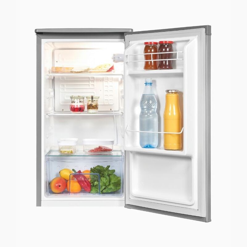 Frigider minibar Exquisit, H 84.3 cm, capacitate 75 litri, undercounter, usa reversibila, control temperatura, compartiment pentru legume/fructe, ideal pentru HoReCa/birou/rulota, iluminat interior LED, picioare ajustabile, inox