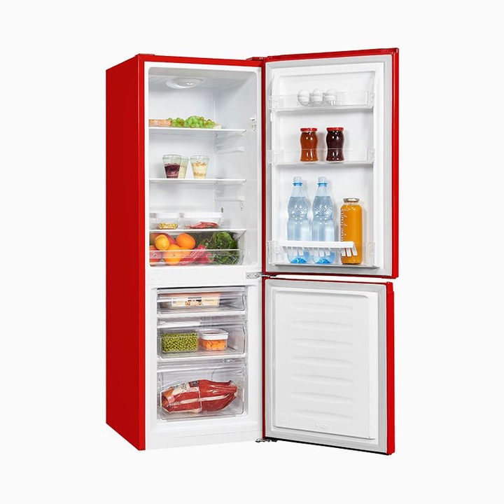 Combina frigorifica Exquisit, capacitate 175 litri, H 143.5 cm, congelator 4 stele, compartiment pentru fructe/legume, 3 rafturi din sticla, control continuu al temperaturii, iluminat interior LED, usi reversibile, picioare reglabile, design modern, rosu