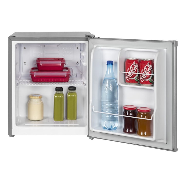 Frigider minibar Exquisit, capacitate 40 litri, H 51 cm, ideal pentru birou/hotel/rulota, usa reversibila, termostat reglabil, design compact, iluminare LED, inox