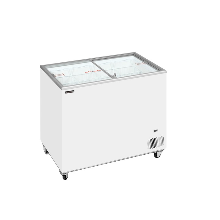 Congelator tip vitrina pentru inghetata TEFCOLD, IC301SC, H 89.2 cm, volum 255 litri, pentru baruri, magazine, hoteluri, benzinarii, cu roti, temperatura reglabila -24/-14°C, 4 cosuri, capac glisant din sticla, termometru integrat, incuietoare, alb