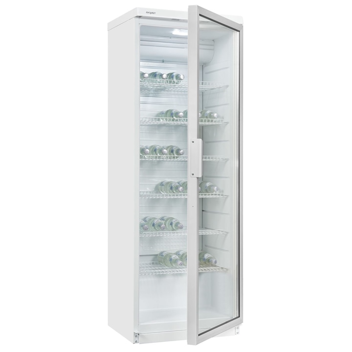 Vitrina frigorifica Exquisit, H 170 cm, capacitate 350 litri, potrivit rezidential/baruri/magazine/benzinarii, racire ventilata, control temperatura, lumina interioara LED, 6 rafturi interschimbabile, picioare ajustabile, alb
