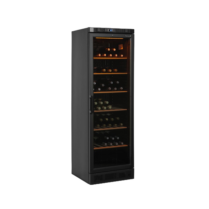 Racitor de vin TEFCOLD, CPV1380E, H 184 cm, 118 sticle, pentru baruri, magazine, hoteluri, rezidential, 1 zona temperatura, panou de control digital, temperatura reglabila, 6 rafturi din lemn, racire ventilata, dezghetare automata, iluminare LED, negru