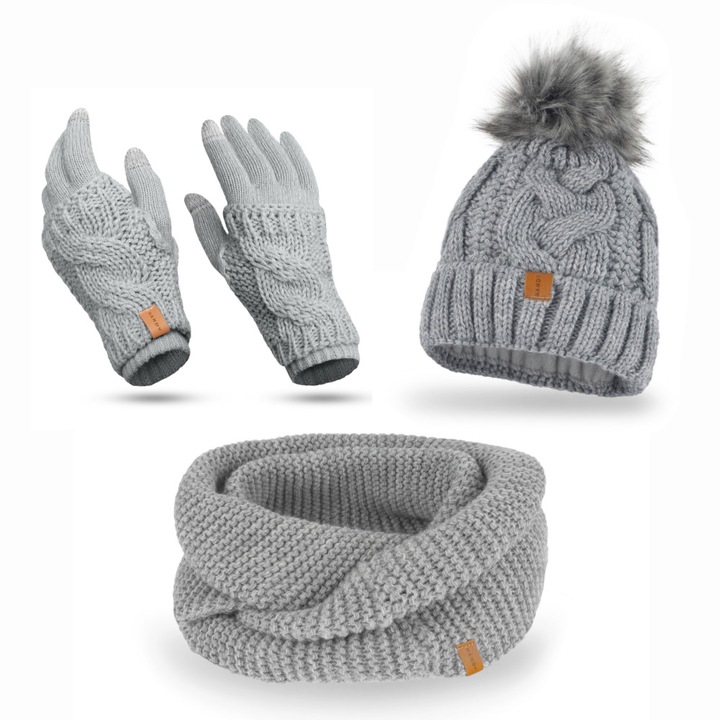 Nandy női téli szett, sapka, nyakmelegítő, kétrétegű kesztyű - világos szürke
