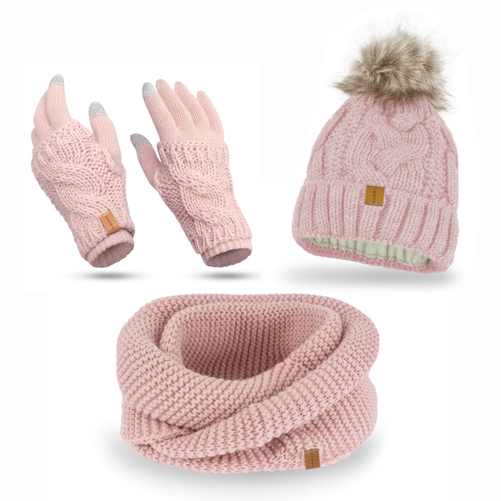 Nandy női téli szett, sapka, nyakmelegítő, kétrétegű kesztyű - világos rózsaszín