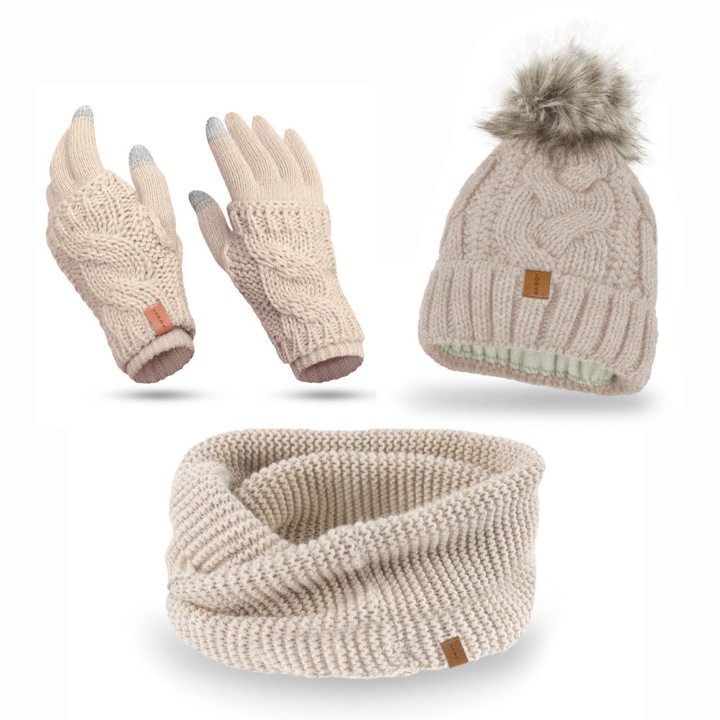 Nandy női téli szett, sapka, nyakmelegítő, kétrétegű kesztyű - bézs