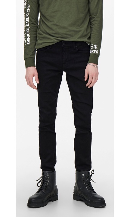 Férfi hosszú farmernadrág, ONLY & SONS, 3970, vékony szabású, pamut, Fekete