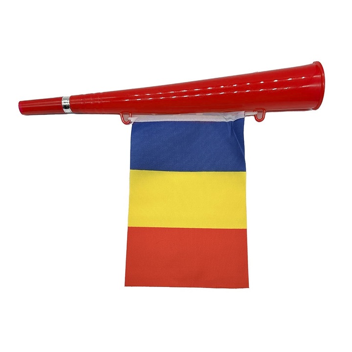 Vuvuzela cu Steag Tricolor "Hai Romania", 36cm, Euro 2024, rosu, VisionXXI