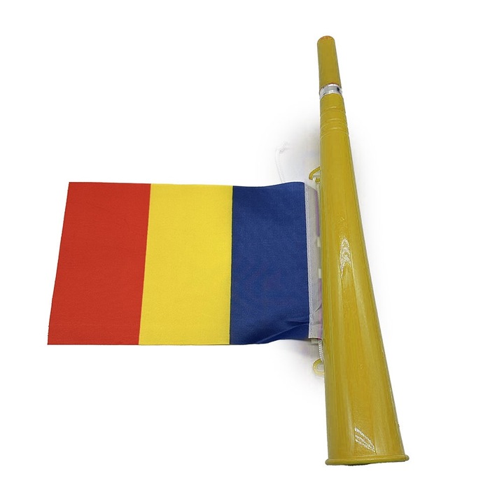 Vuvuzela cu Steag Tricolor "Hai Romania", 36cm, Euro 2024, galben, VisionXXI